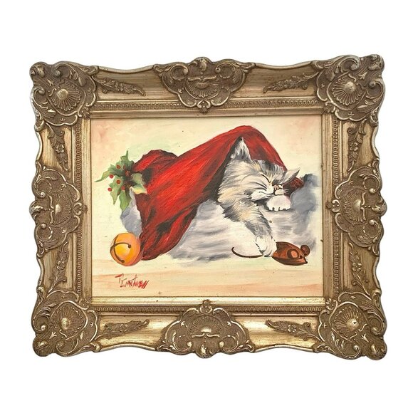 Other - Cat Painting Sleeping Kitten Oil on Canvas Framed Signed Vintage Art Decor